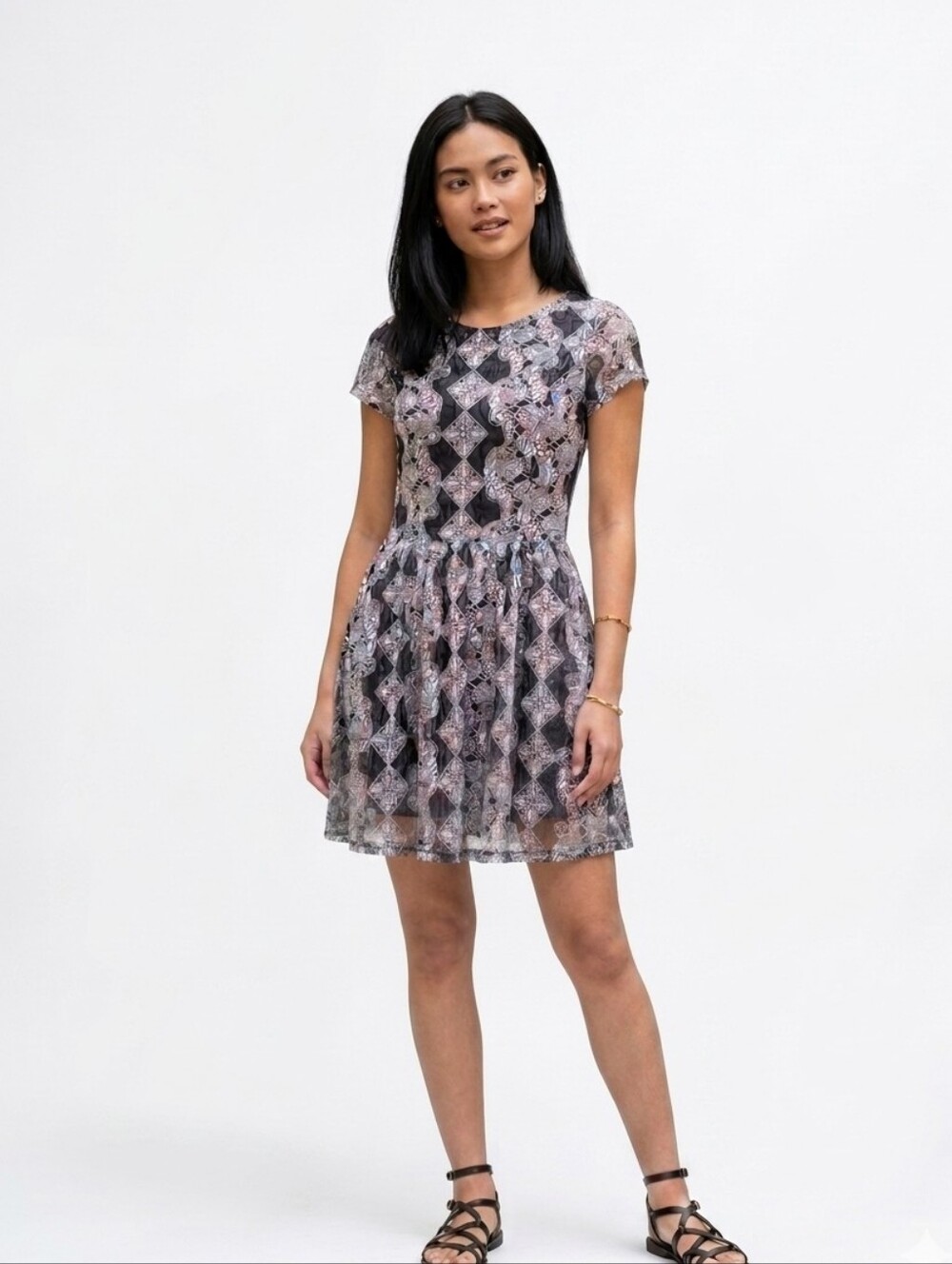 Black and White Flared Midi Dress with Lace-like print Cap Sleeve Summer Small
